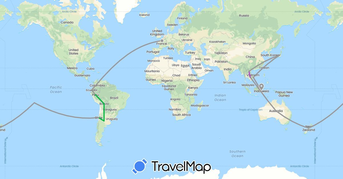 TravelMap itinerary: driving, bus, plane, train in Argentina, Australia, Bolivia, Chile, Ecuador, France, Indonesia, Japan, Cambodia, Laos, New Zealand, Peru, Vietnam (Asia, Europe, Oceania, South America)